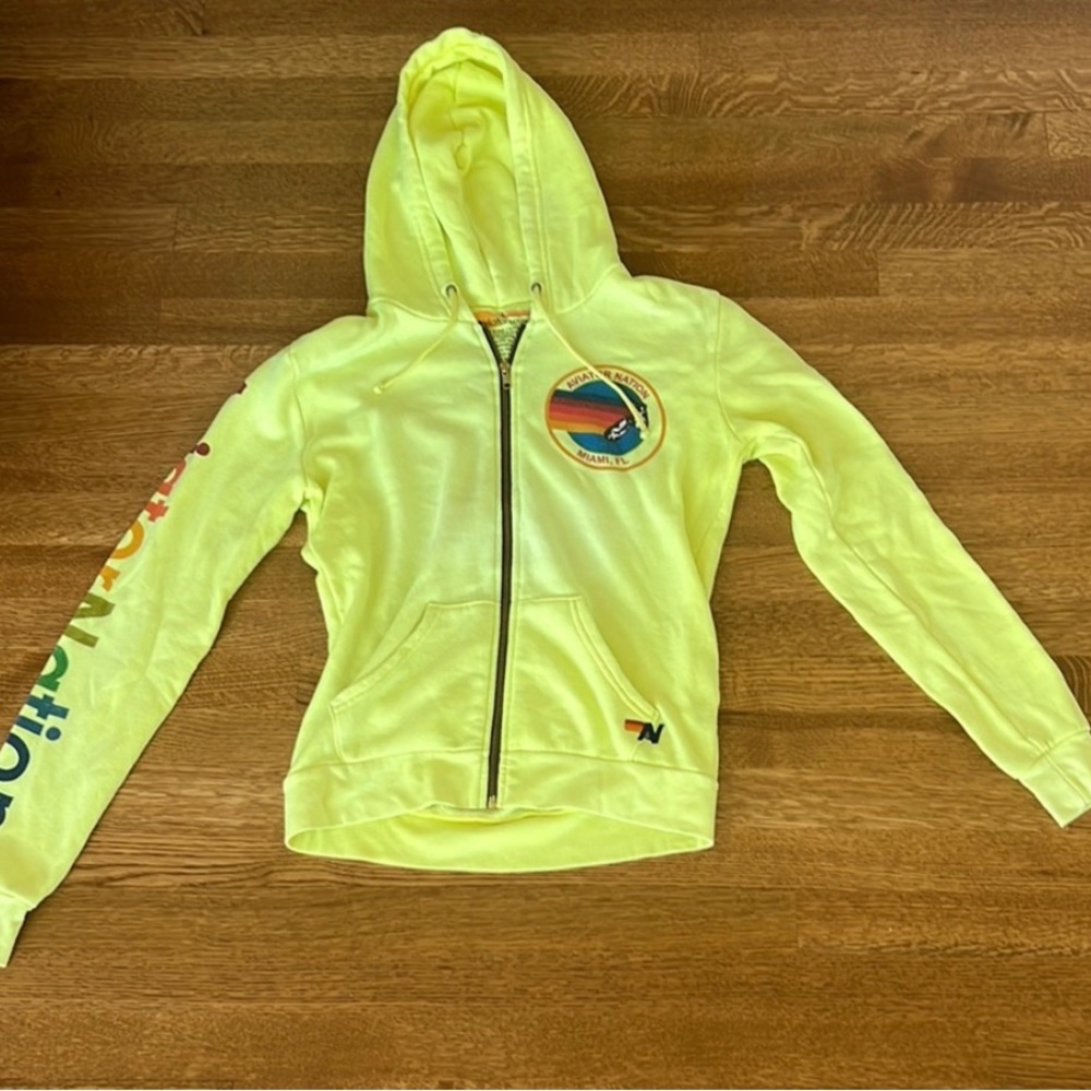 Aviator Nation Yellow Hoodie with Rainbow Logo